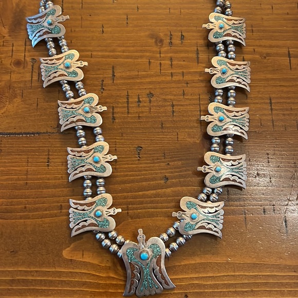 Sterling Silver Coral and Turquoise Chip Inlay Peyote Bird Squash Necklace - Picture 4 of 6